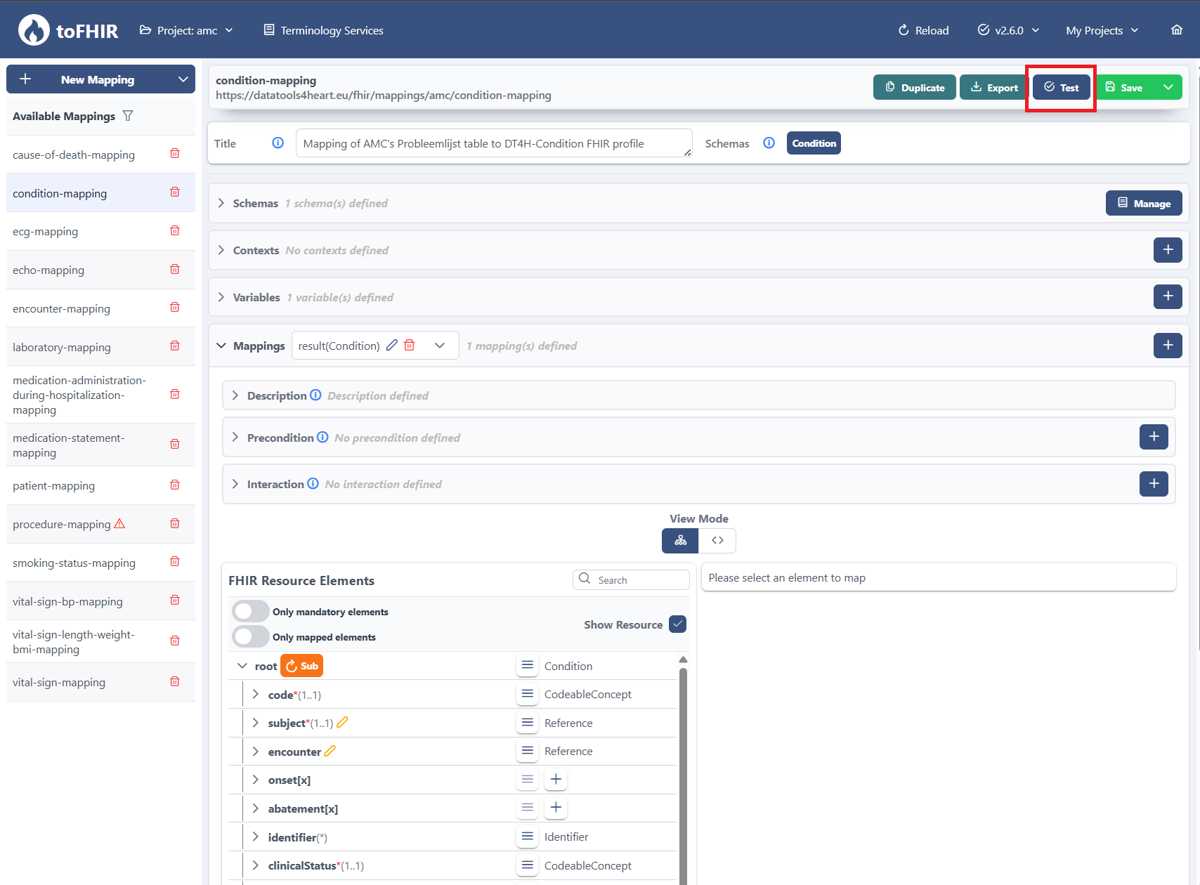 Test button in Mapping Menu